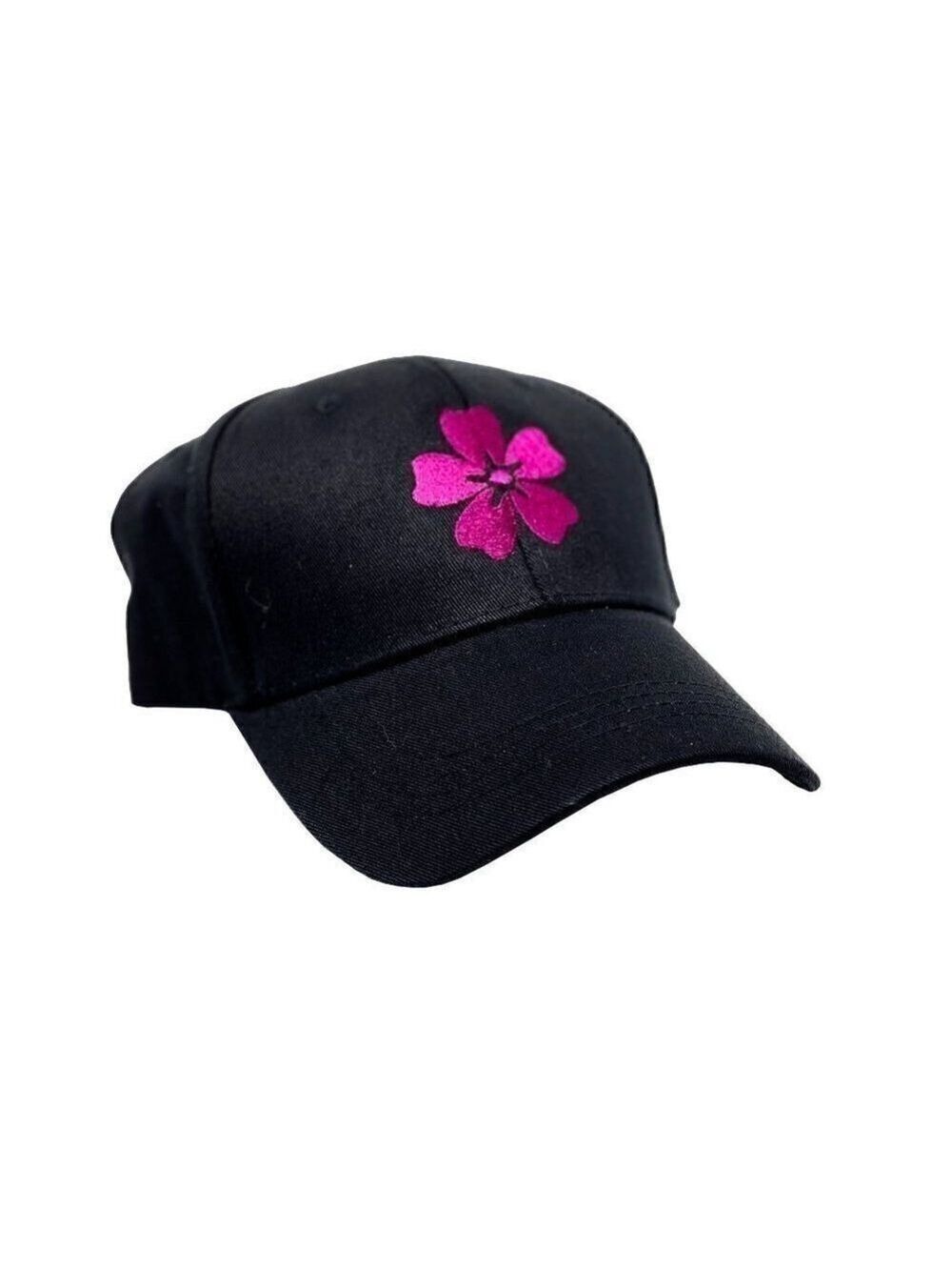 Black baseball cap with deep pink/ Fuchsia  embroidered flower